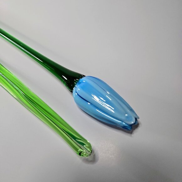 Art Glass Hand Blown Flower Blue Long Green Stem Flower With Leaf Stem Read - Picture 4 of 16